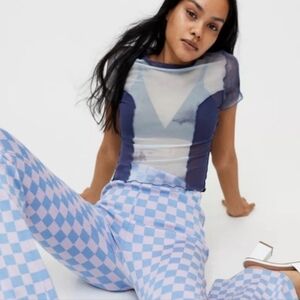 Urban Outfitters blue tie-dye mesh shirt with opaque navy side panels SMALL